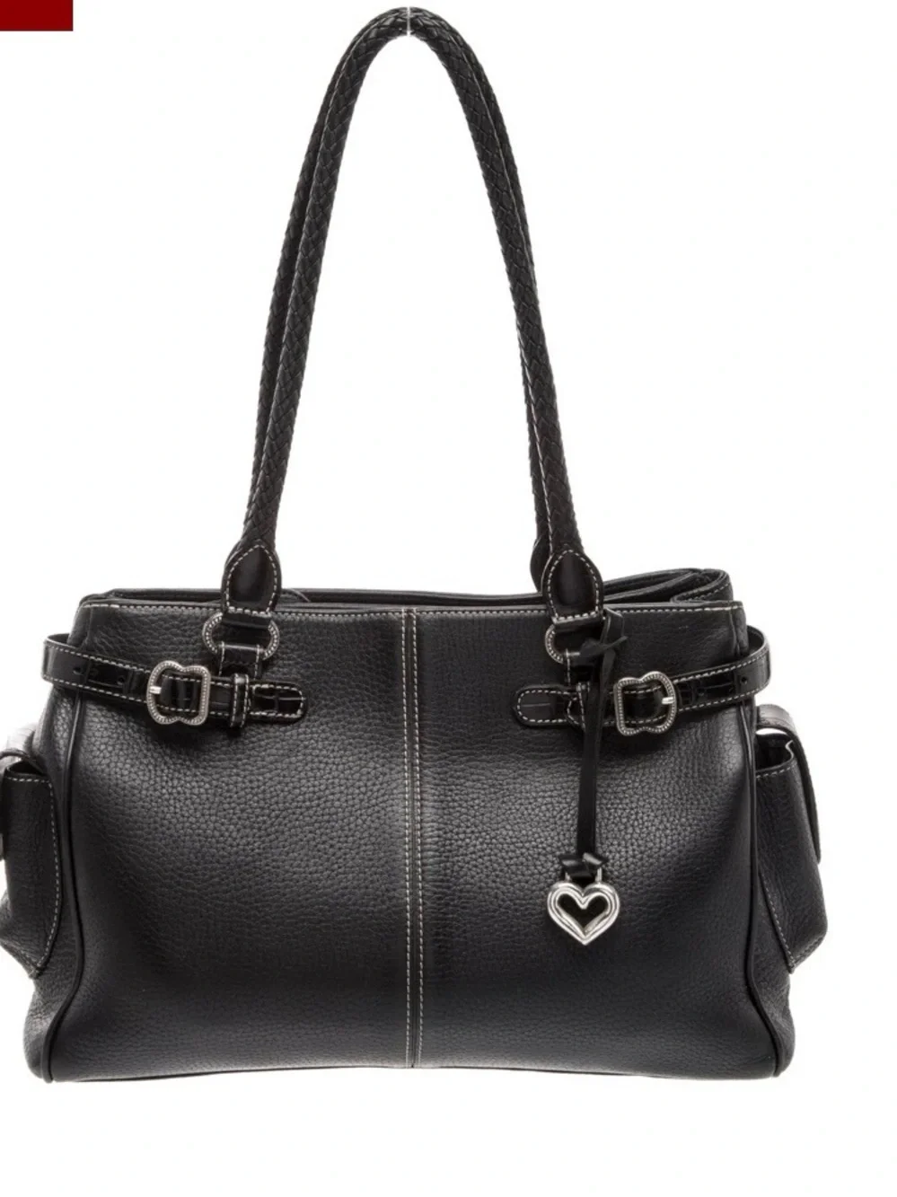 Brighton Black Pebbled Satchel Double Handles Zip Heart Charm Inner Pockets*
